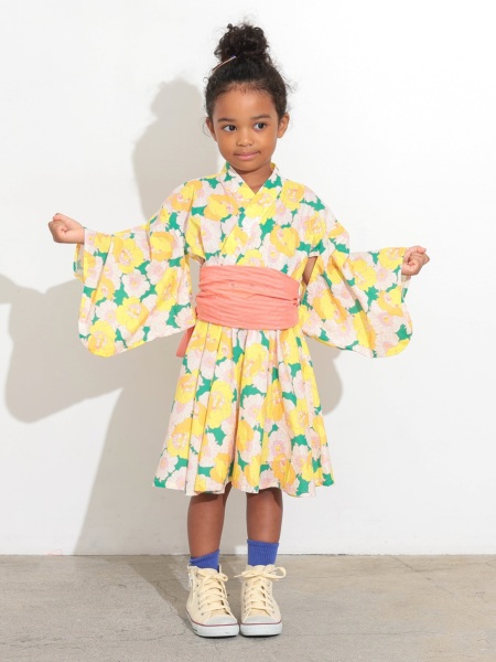 肩空きミニ浴衣 ﾚﾄﾛﾌﾗﾜｰ浴衣ﾐﾆ丈ﾜﾝﾋﾟｰｽ | 子供服のオーシャン＆グラウンド