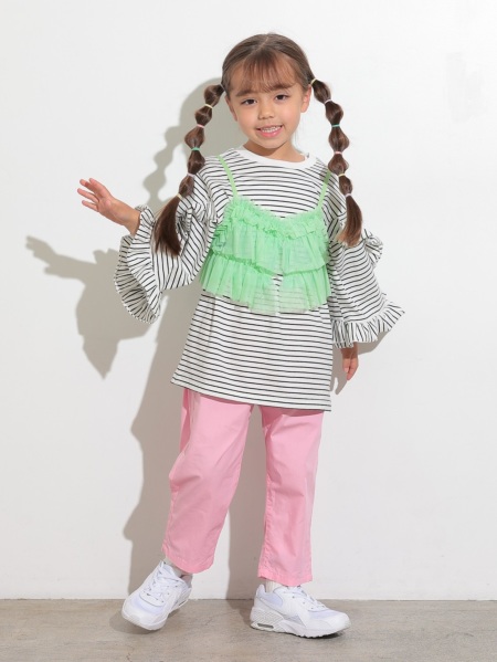 ポンポタグ付き袖フリルつきボーダーTシャツ120-130と150 ポンポタグ付き袖フリルつきボーダーTシャツ120-130と150